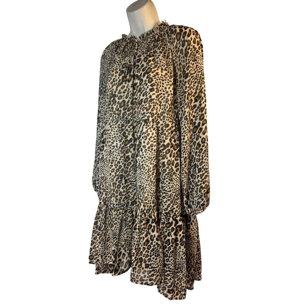 Studio A Leopard Babydoll Tiered Dress M 8–10 Long Sleeve Tie Neck Boho